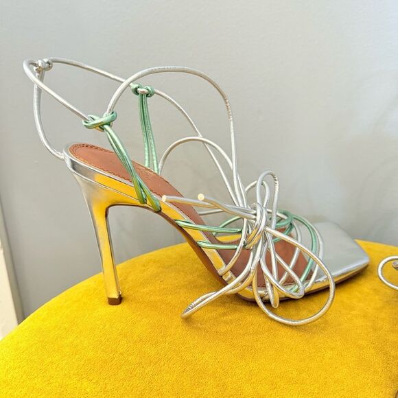 ASOS Nina Silver Mint Strappy Tie Leg Square Toe Sandal Heels Sz 8 - Picture 9 of 13